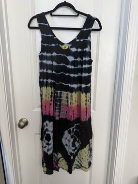 Tie-Dye Sleeveless Maxi Dress - Black with Pink & Yellow Accents